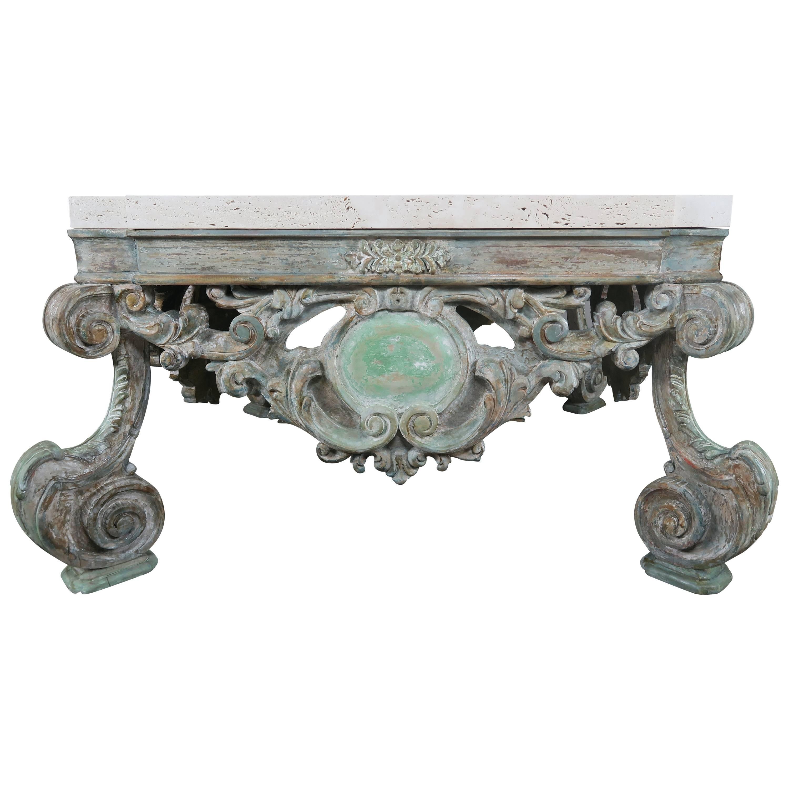 French Louis XV Style Coffee Table with Travertine Top