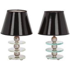 Pair of Glass and Nickel Table Lamps, French, 1930s 3