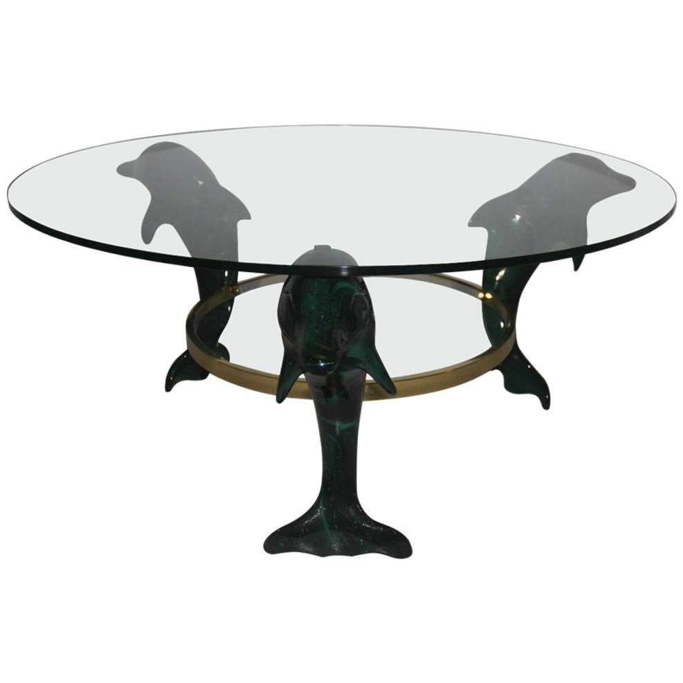 Italian Dolphins Coffee Table 1970, Wood Lacquered Green , brass , Glass Round  For Sale