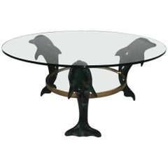 Italian Dolphins Coffee Table 1970, Wood Lacquered Green , brass , Glass Round 
