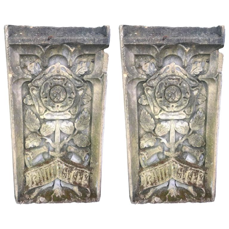 Carved-stone heraldic plaques of York and Lancaster, 17th century, offered by the Elemental Garden