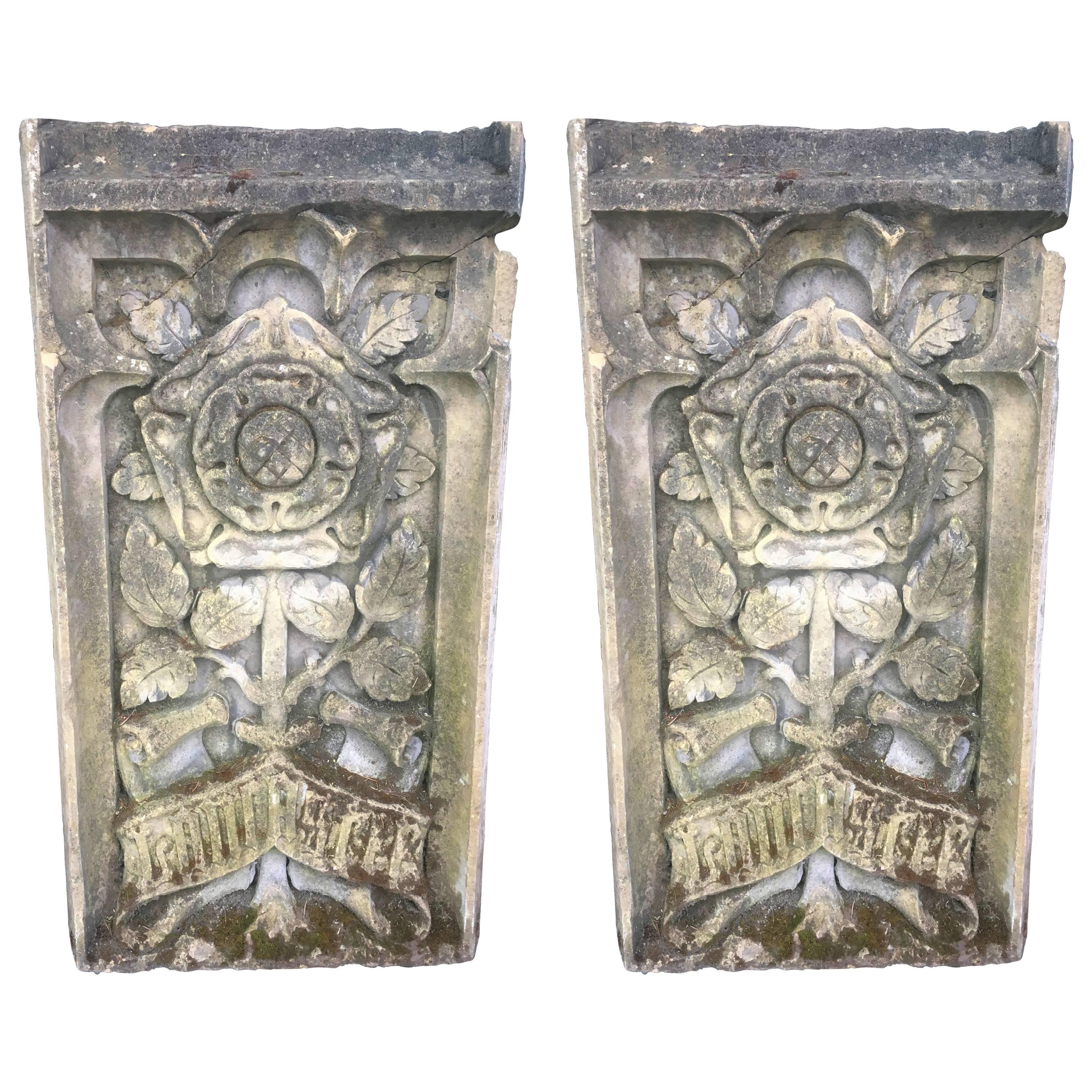 Fabulous Pr. of 17th Century Carved Stone Heraldic Plaques of York and Lancaster For Sale