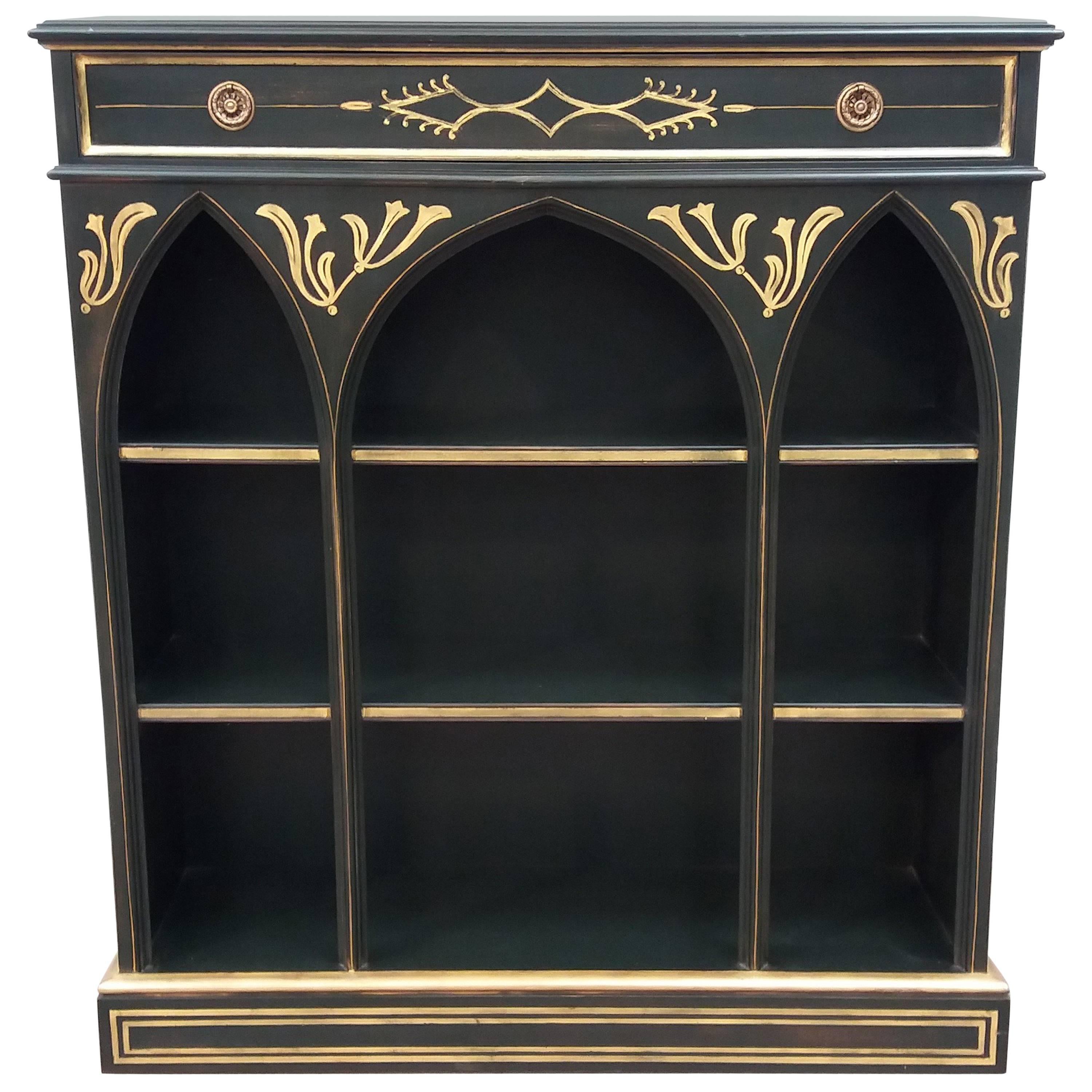 Arthur Brett Victorian Style Painted Gothic Open Bookcase with Top Drawer For Sale