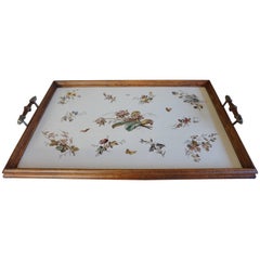 Antique and Large Tile Serving Tray with Beautiful Flower and Butterfly Decor