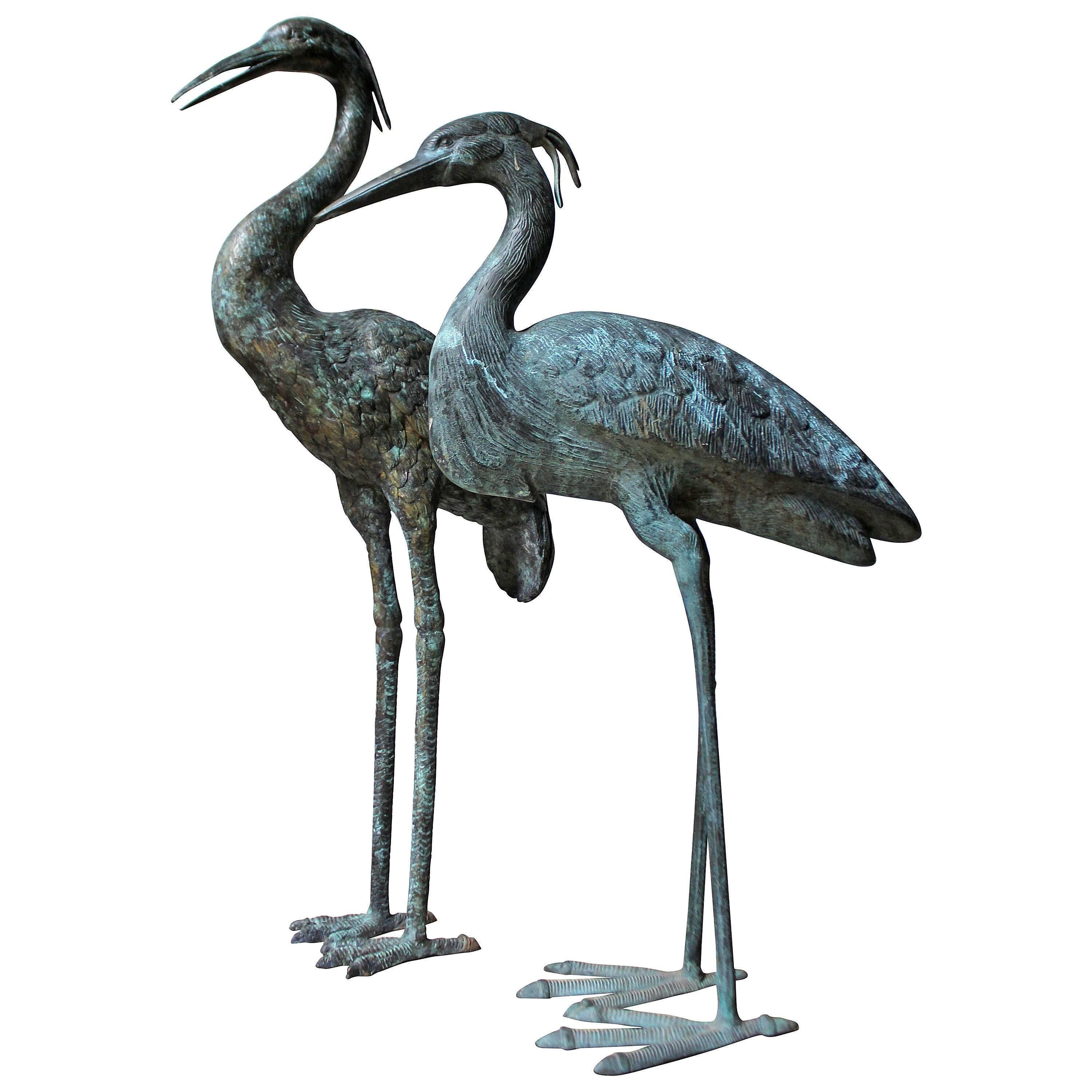 Pair of Mid-20th Century Ornamental Verdigris Cast Bronze Standing Herons