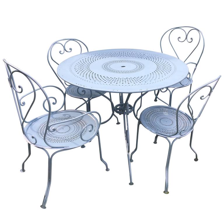 French Wrought Iron Five Piece Garden Dining Set with Round Table For