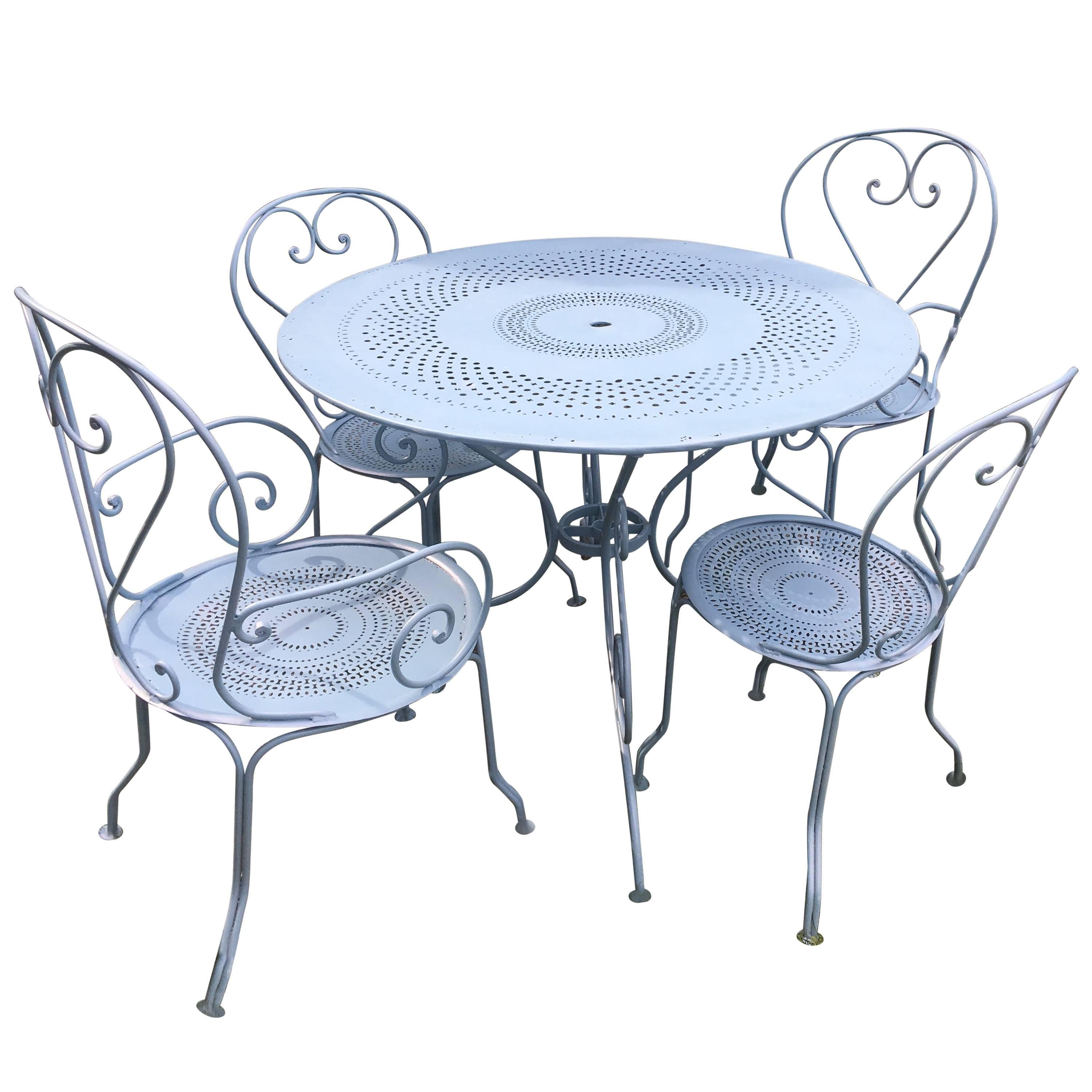 French Wrought Iron Five Piece Garden Dining Set with Round Table For