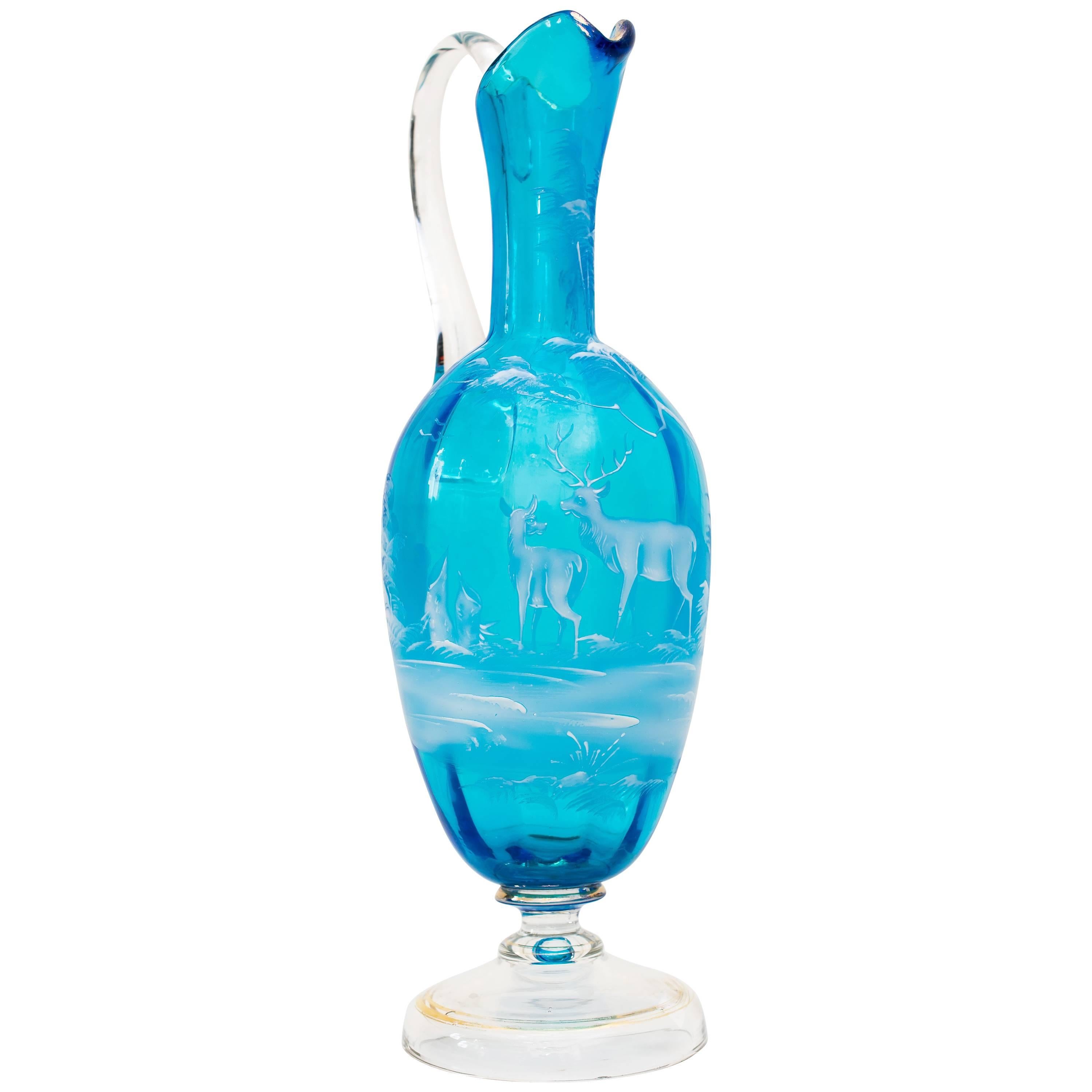 Beautiful Blue Carafe with Hunting Motif For Sale