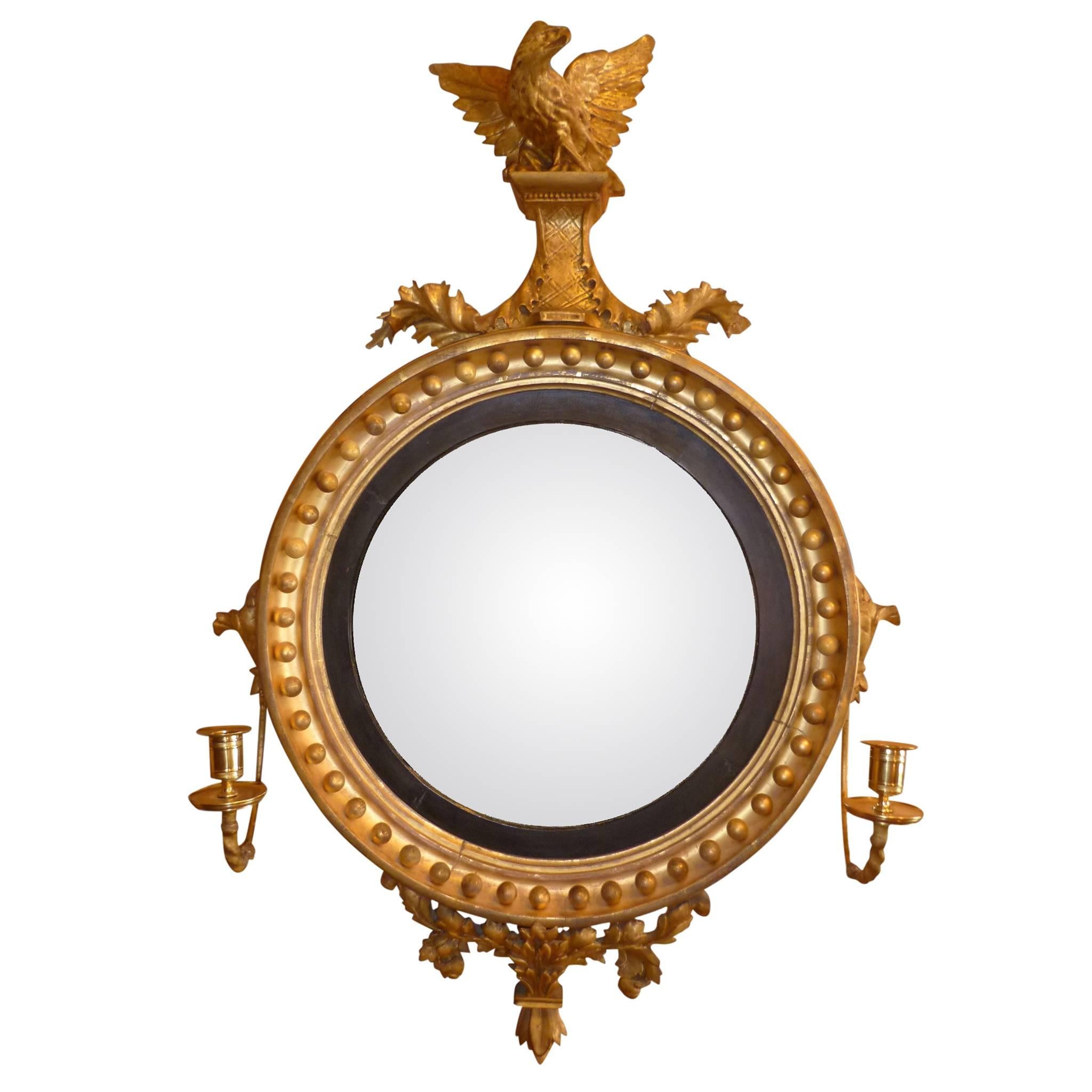 Regency Convex Miror with Eagle Sumount and Candle Sconces For Sale