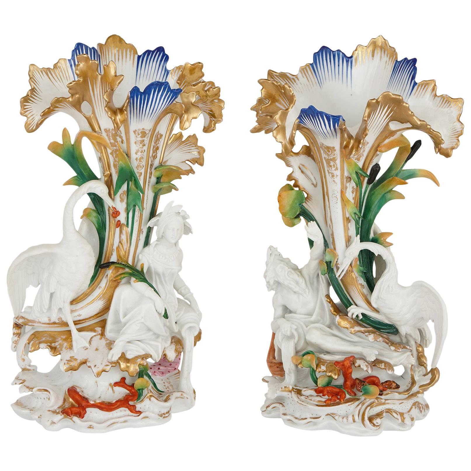 Pair of Antique Glazed Biscuit Porcelain Figural Vases For Sale