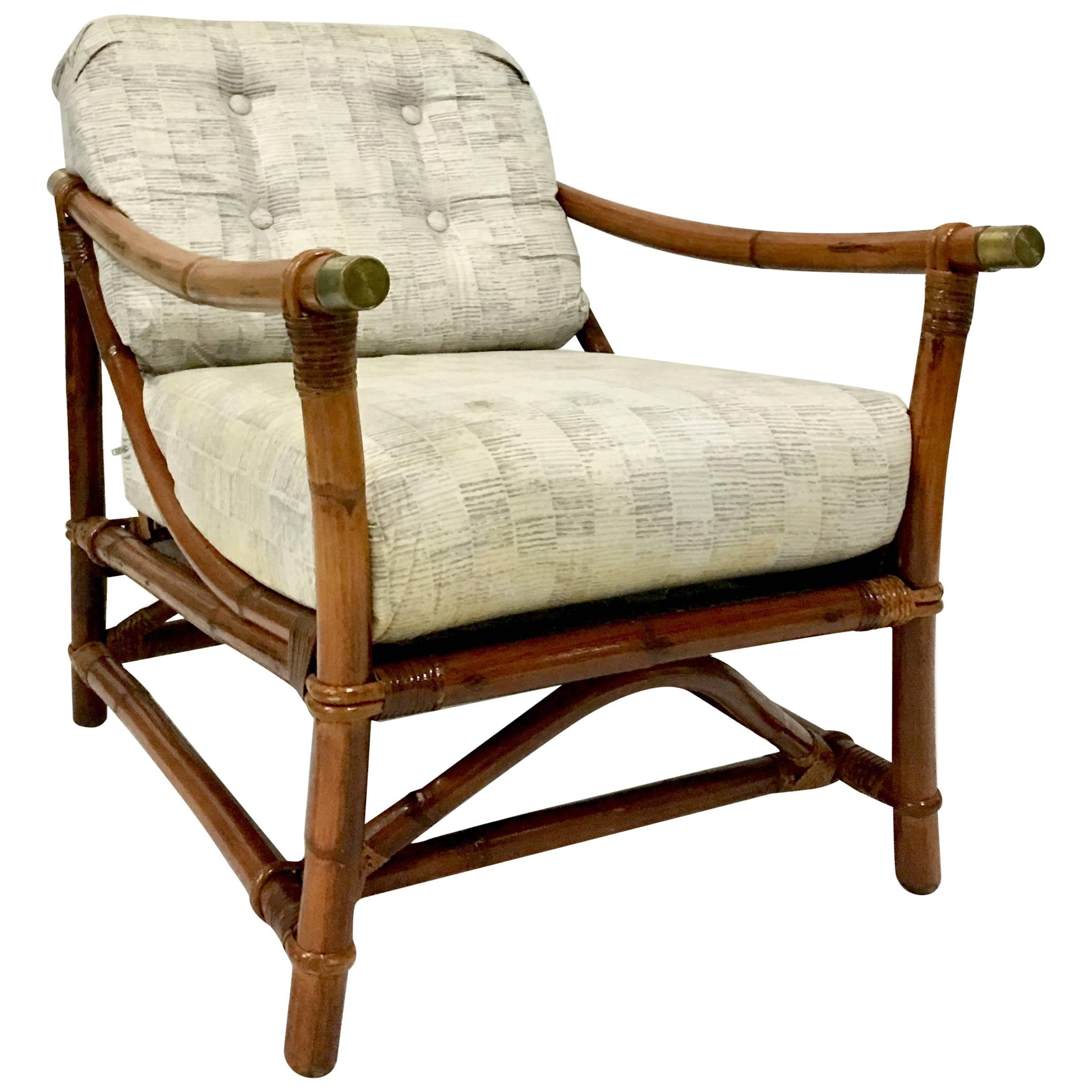1940'S Ficks Reed Campaign Style Rattan Reed & Brass Recliner Arm Chair For Sale
