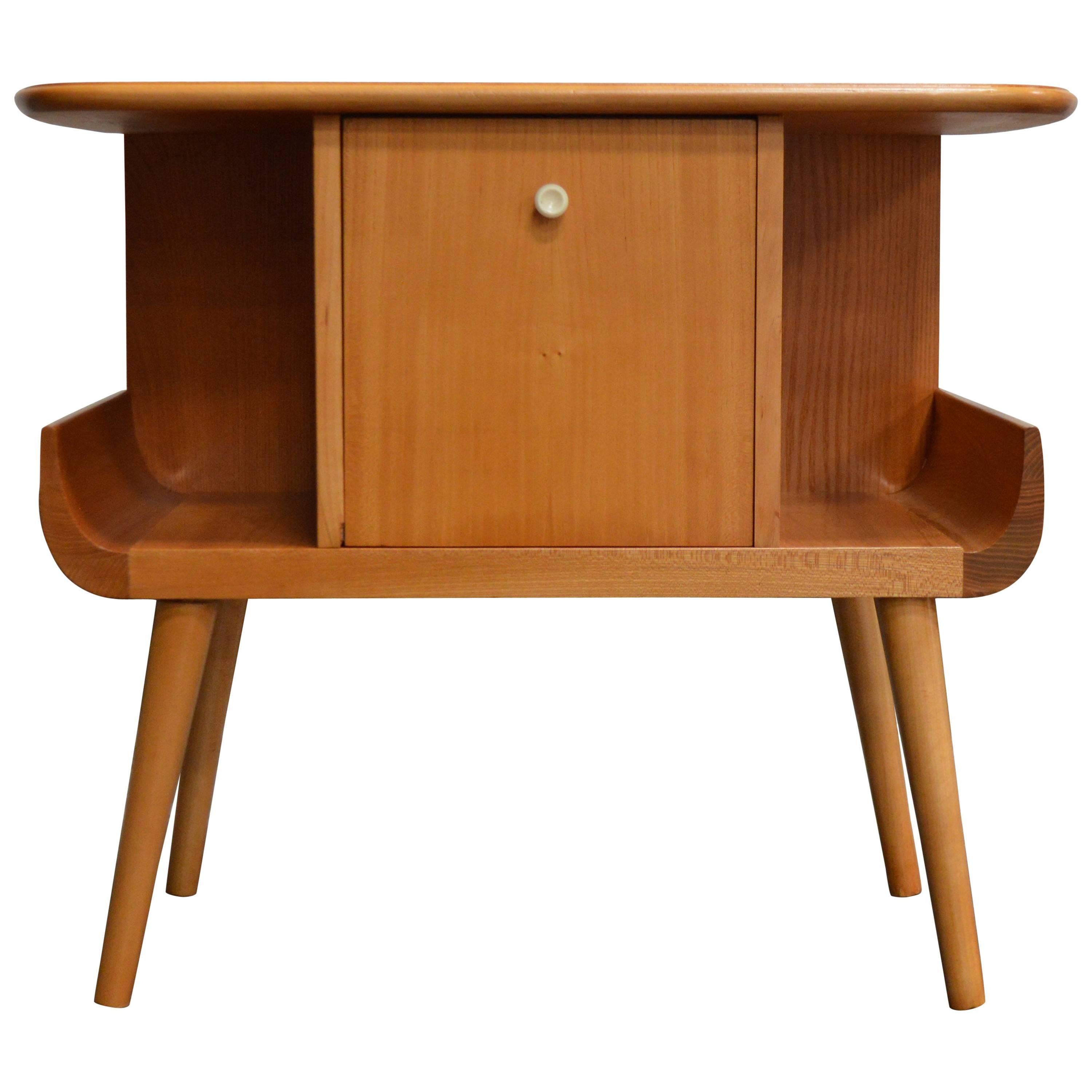 Swedish Mid-Century Golden Elm Side Table with Door