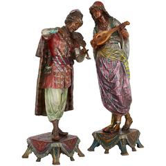 Antique Pair of Cold Painted Bronze Orientalist Figures of Musicians