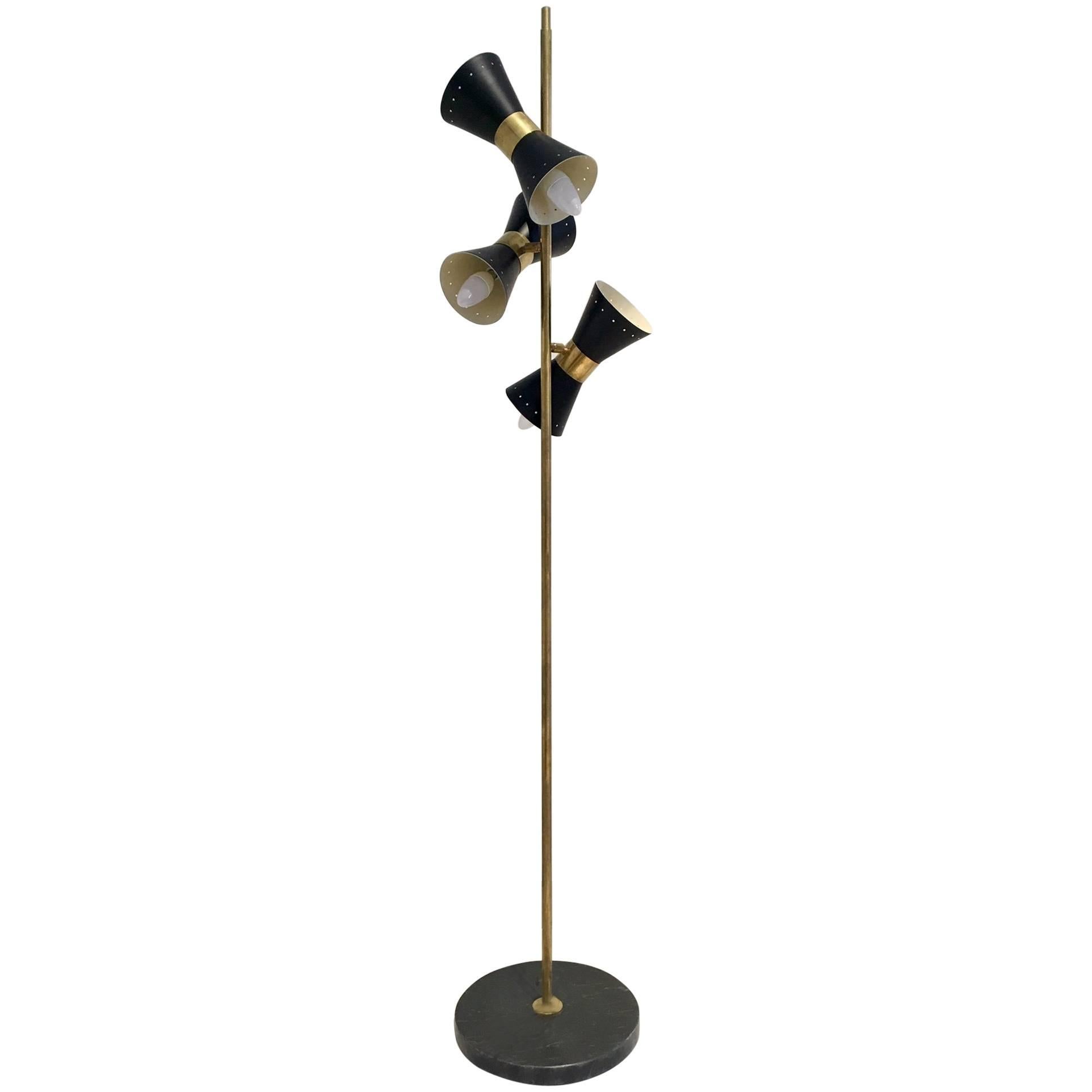 Stilnovo Style Brass Floor Lamp with Three Black Varnished Metal Reflectors