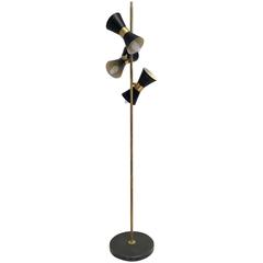 Vintage Stilnovo Style Brass Floor Lamp with Three Black Varnished Metal Reflectors