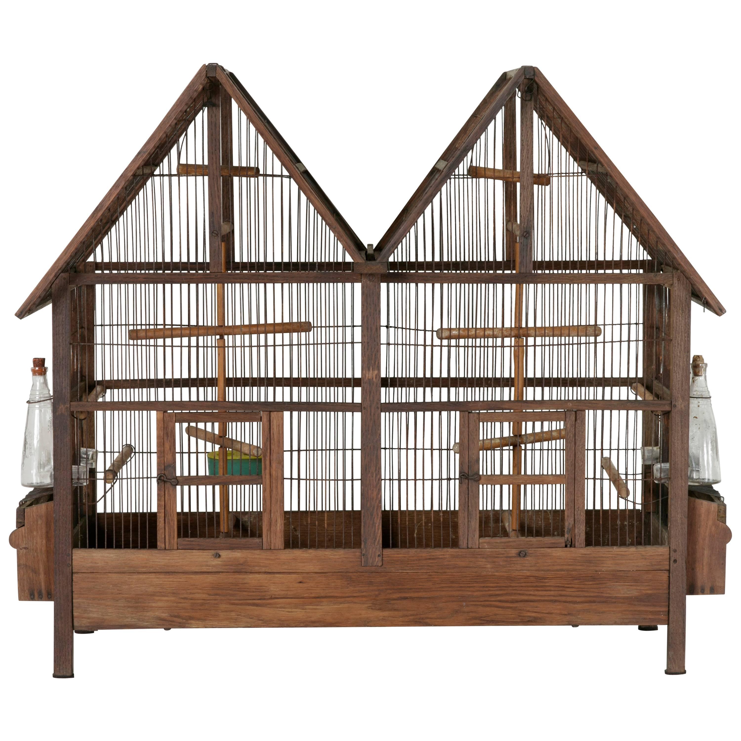 Early 20th Century Double Gabled Wood and Wire Birdcage with Two Compartments