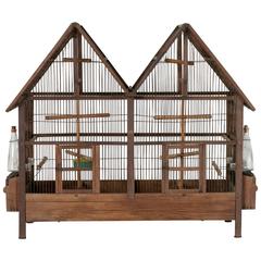 Early 20th Century Double Gabled Wood and Wire Birdcage with Two Compartments