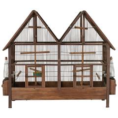 Early 20th Century Double Gabled Wood and Wire Birdcage with Two Compartments