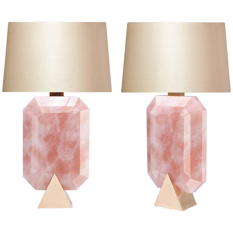 Pair of Diamond Form Rock Crystal Rose Quartz Lamps For Sale at 1stdibs