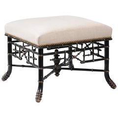 Antique English Chinese Chippendale 19th Century Upholstered Ebonized Faux Bamboo Stool