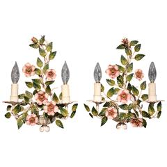 Pair of Early 20th Century French Hand-Painted Metal Sconces with Flowers