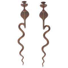Anglo Indian Pair of Brass Red Enamel Cobra Sconces 11