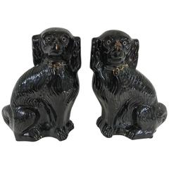 Pair of Large 19th Century Black Staffordshire Dogs