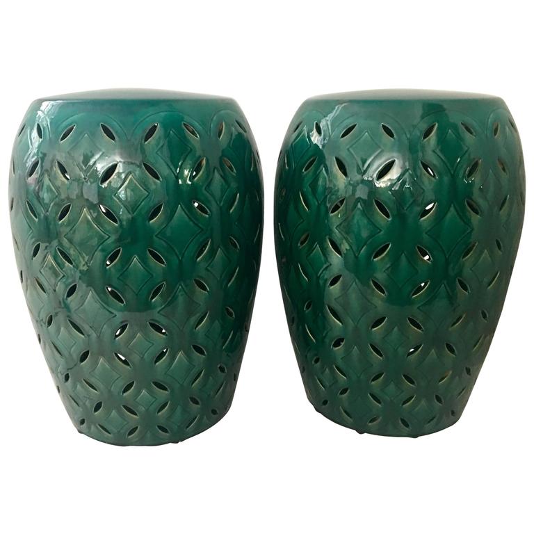 Pair Of Ceramic Glaze Emerald Green, Emerald Green Garden Stool