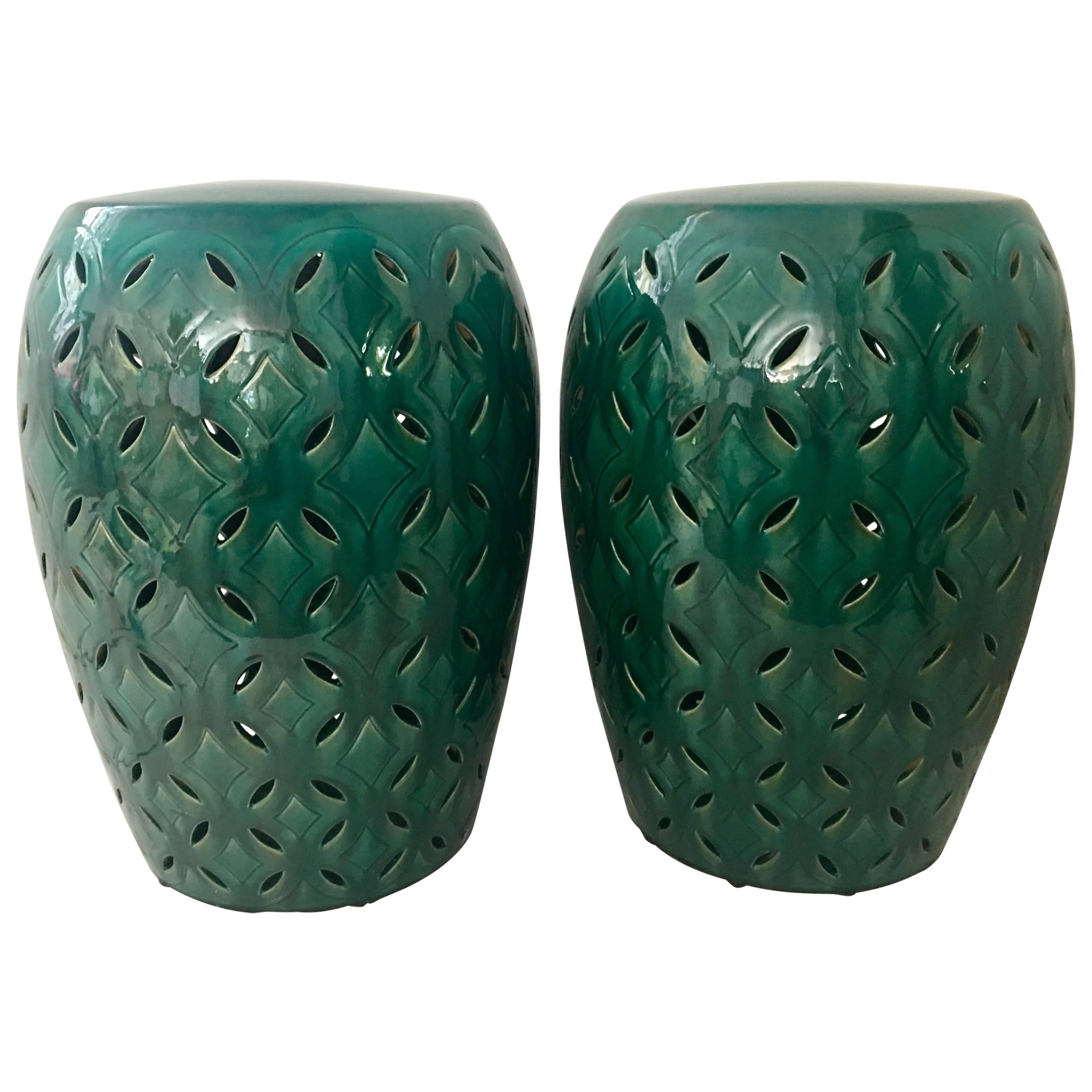 Pair of Ceramic Glaze Emerald Green Garden Stools