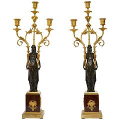 Pair of Louis XVI Gilt Bronze and Patinated Candelabra on Red Marble Bases