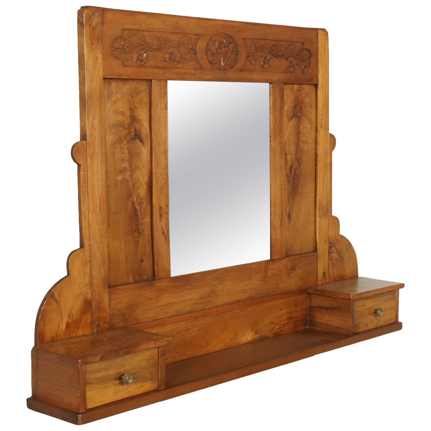 Art Nouveau Wall Mirror in Hand-Carved Blond Walnut with Shelf and Two Drawers For Sale