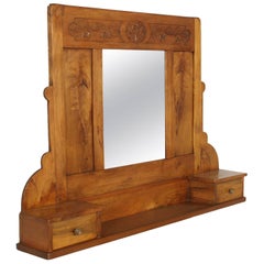 Antique Art Nouveau Wall Mirror in Hand-Carved Blond Walnut with Shelf and Two Drawers