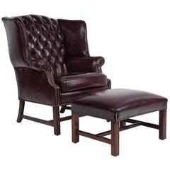 Chesterfield Tufted Leather Wing Back Chair and Ottoman 1