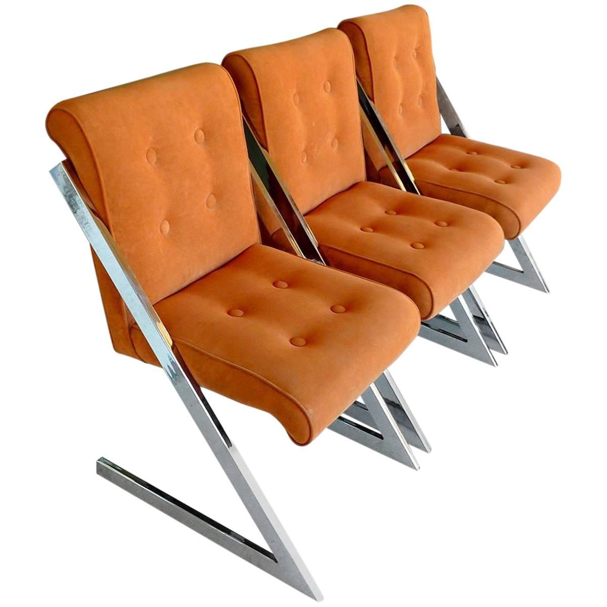 Chrome and Velvet Z-Chairs by Milo Baughman for DIA For Sale