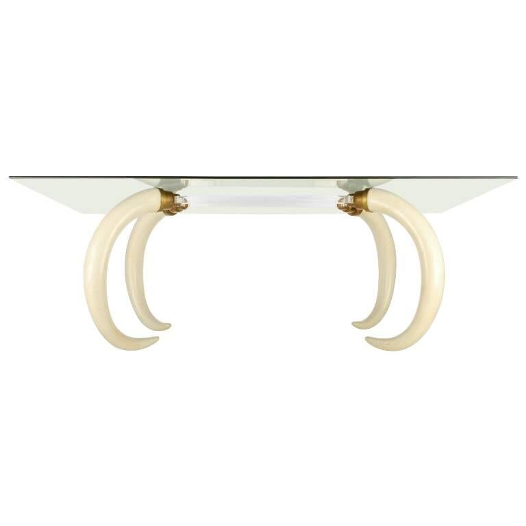 Karl Springer Style Faux Elephant Tusk and Lucite Table For Sale