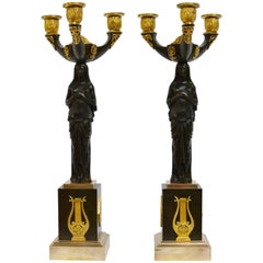Pair of Gilt Bronze and Patinated Empire Candelabra