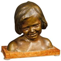 20th Century, Italian Bronze Sculpture Bust of Little Girl with Marble Base
