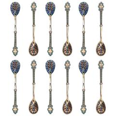 Antique Russian Solid Silver Plique a Jour & Cloisonné Enamel Spoons, circa 1890