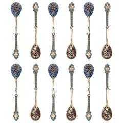 Antique Russian Solid Silver Plique a Jour & Cloisonné Enamel Spoons, circa 1890