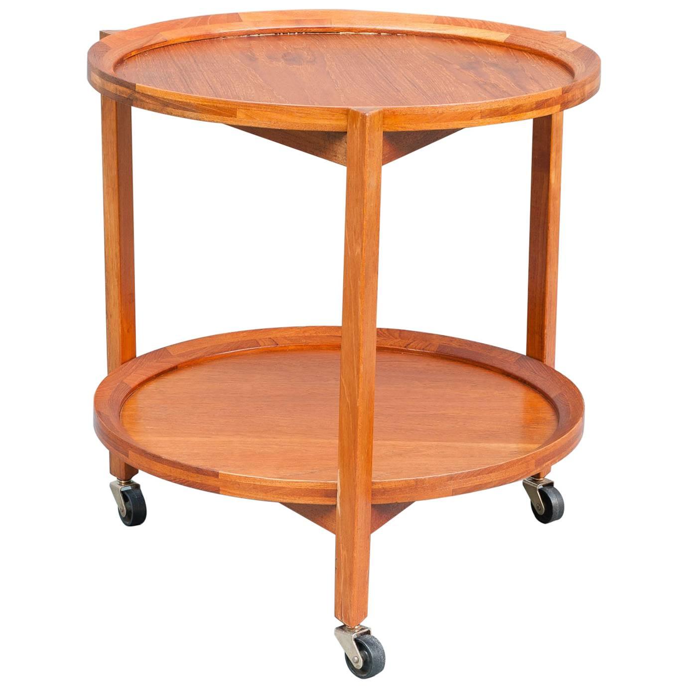 1960s Sika Møbler Midcentury Teak Round Serving Trolley Cart Inc. Two Trays 