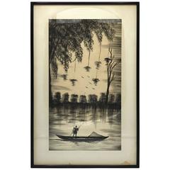 1950s Asian Fisherman and Weeping Willows Pen and Ink Sketch, Framed