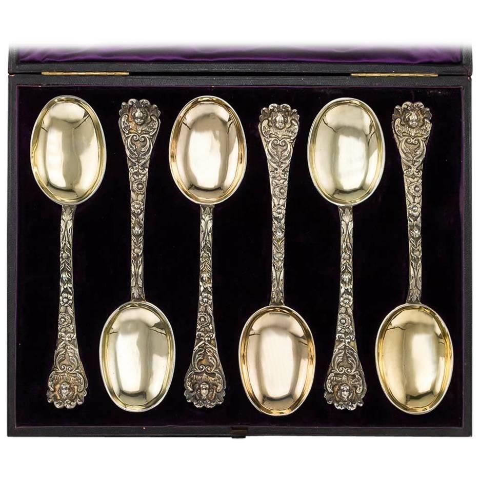 Antique Victorian Solid Silver Gilt Decorative Spoons, H W Curry, circa 1875
