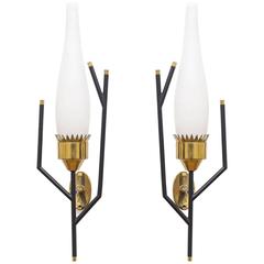 Unique Italian Modernist Brass and Glass Sconces, 1950s 11