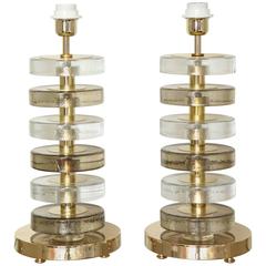 Pair of Stacked Murano Gold and Clear Glass Table Lamps