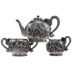 Antique 19th Century, Chinese Export Tu Mao Xing Solid Silver Dragon Tea Set
