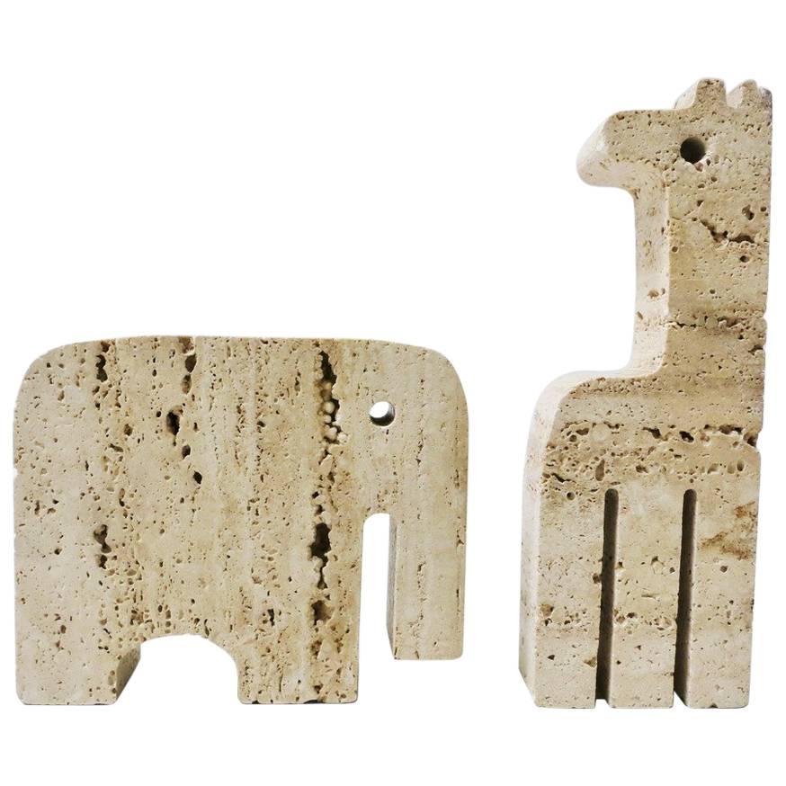 Set of Two Animals Sculptures in Travertine by Fratelli Mannelli