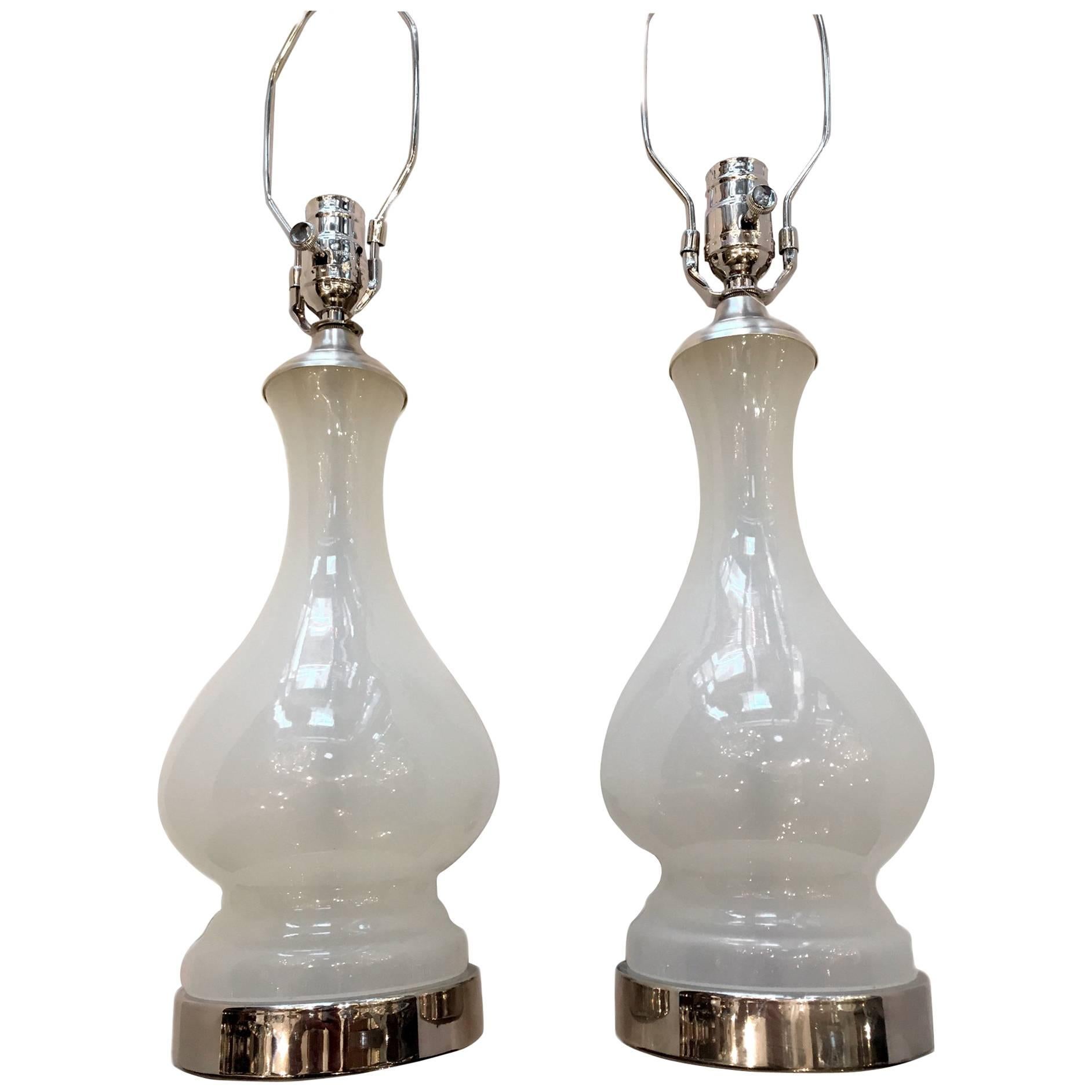 French White Opaline Glass Table Lamps For Sale