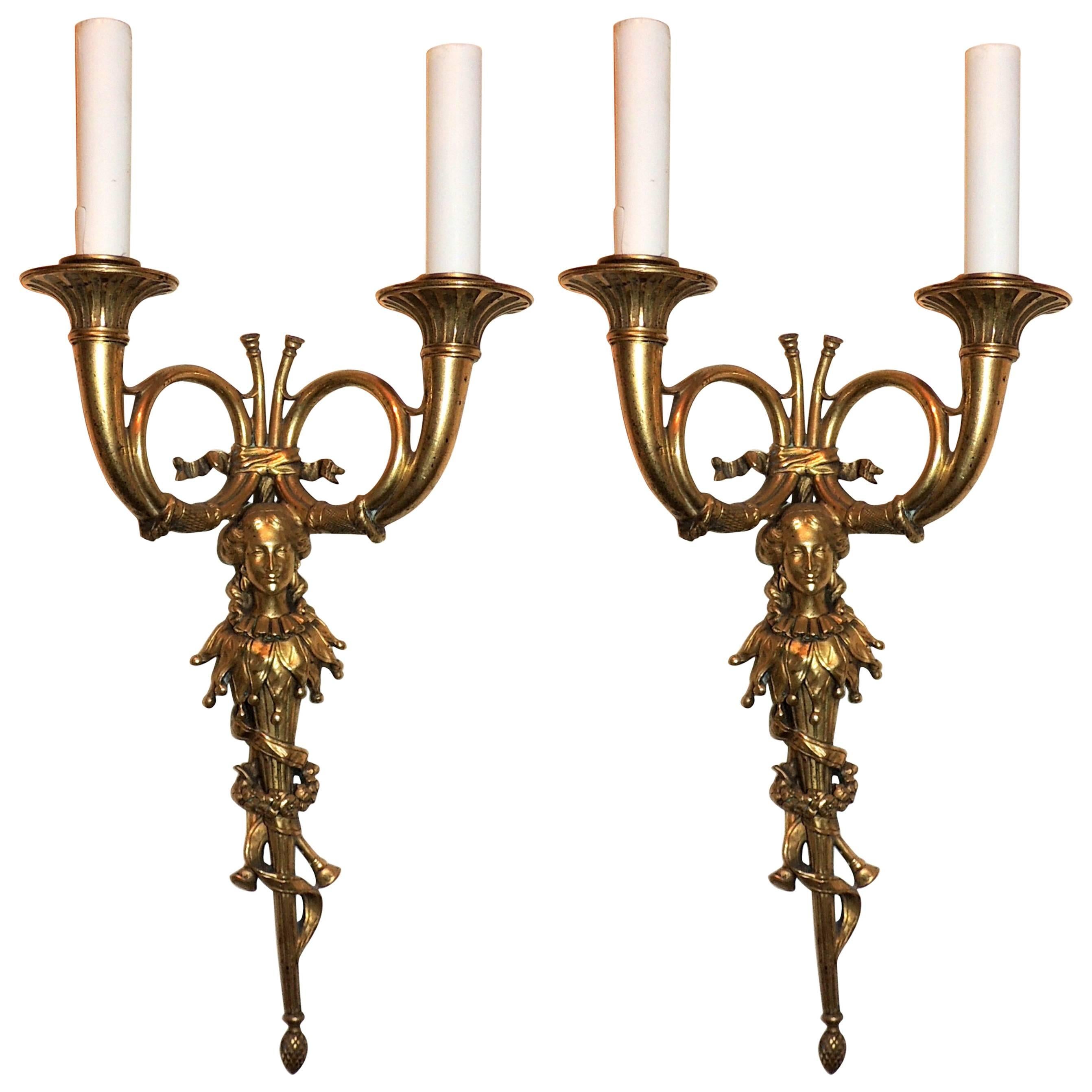 Beautiful Pair French Horn Bronze Lady Figural Two-Light Tasle Regency Sconces For Sale
