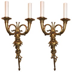 Beautiful Pair French Horn Bronze Lady Figural Two-Light Tasle Regency Sconces