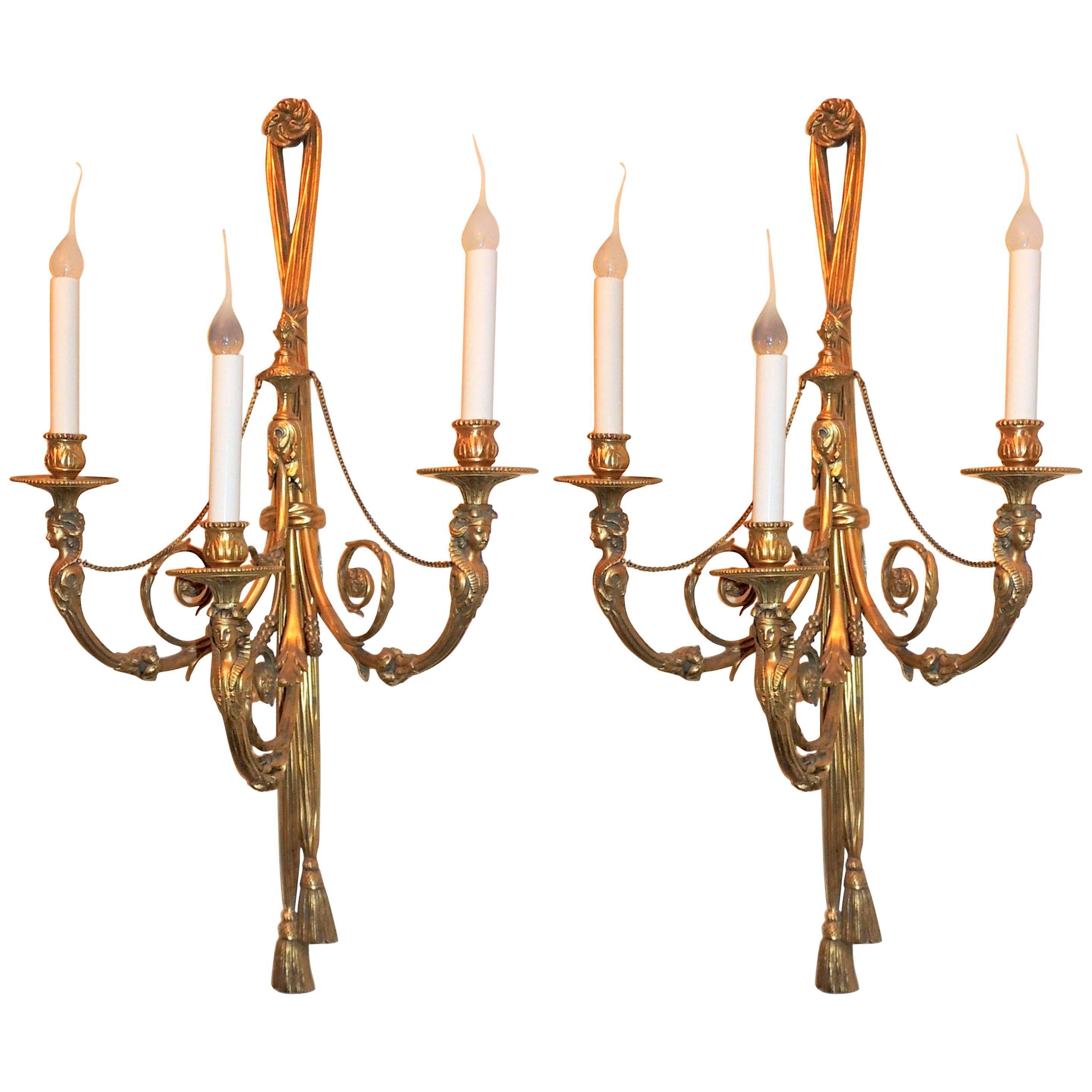Wonderful Pair of French Large Bronze Empire Regency Lady Figural Tassel Sconces For Sale
